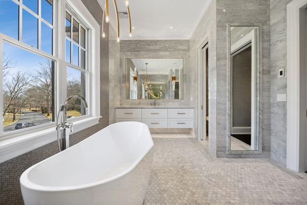 Bathroom, Dual Sink Vanities, Free Standing Baths, Interior, Pendant Lights, Recessed Lighting