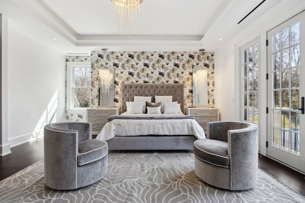 Bedroom, Chandelier, Interior, Recessed Lighting, Wood Texture Flooring