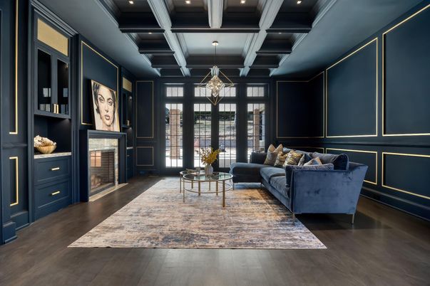 Fireplace, Interior, Living room, Pendant Lights, Recessed Lighting, Wood Texture Flooring