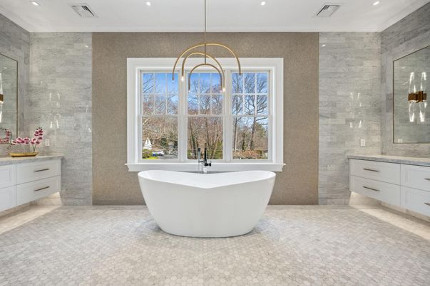 Bathroom, Free Standing Baths, Glass Shower, Interior, Marble Walls, Pendant Lights, Recessed Lighting