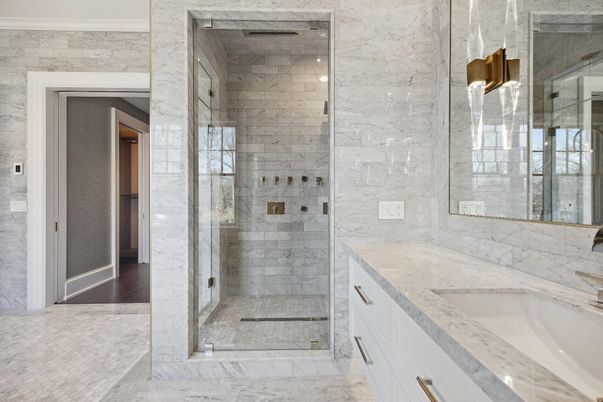 Bathroom, Dual Sink Vanities, Glass Shower, Interior, Marble, Marble Walls, Wood Texture Flooring