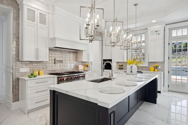 Interior, Kitchen, Marble, Pendant Lights, Recessed Lighting, Stainless Steel Appliances