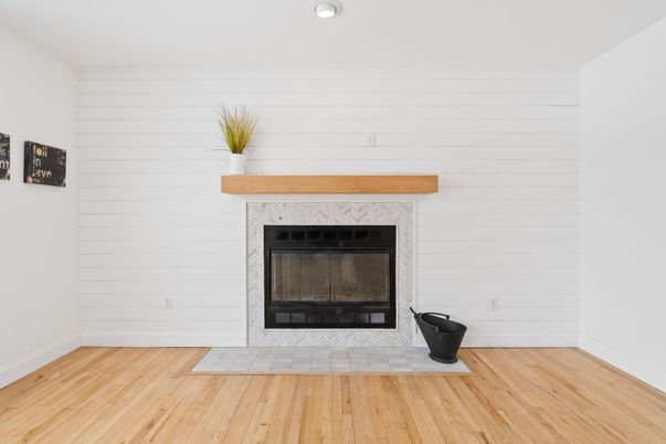 Fireplace, Interior, Recessed Lighting, Wood Texture Flooring