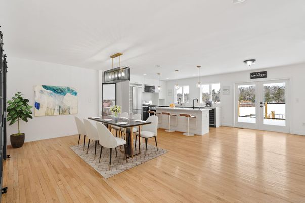 Dining room, Interior, Kitchen, Pendant Lights, Recessed Lighting, Wood Texture Flooring