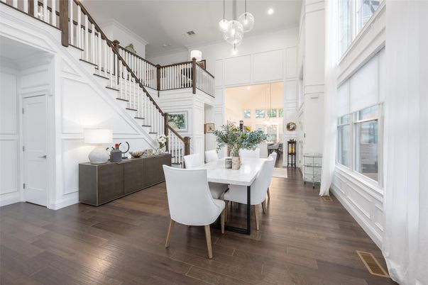 Dining room, Interior, Pendant Lights, Recessed Lighting, Wood Texture Flooring