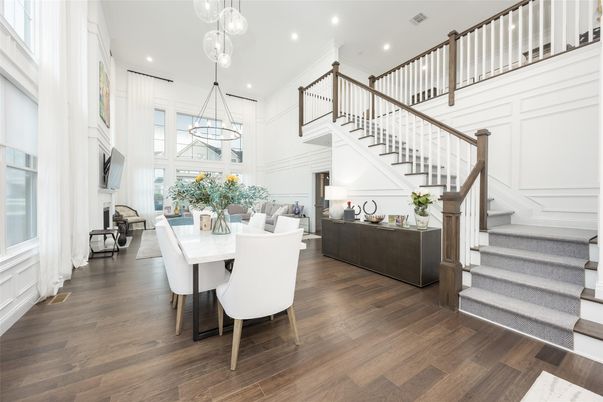 Dining room, Interior, Pendant Lights, Recessed Lighting, Wood Texture Flooring