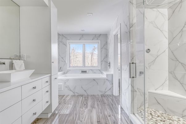 Bathroom, Glass Shower, Interior, Marble, Marble Walls, Wood Texture Flooring