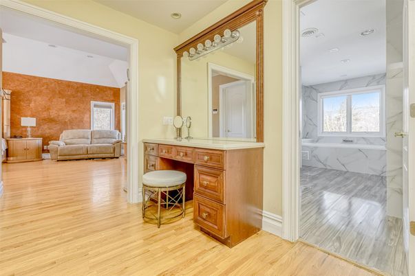 Bathroom, Interior, Marble Walls, Recessed Lighting, Wood Texture Flooring