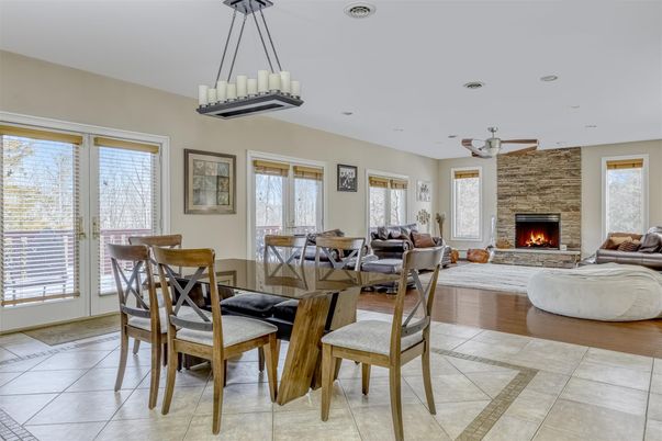 Chandelier, Dining room, Fireplace, Interior, Living room