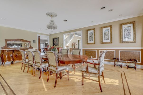 Dining room, Interior, Recessed Lighting, Wood Texture Flooring