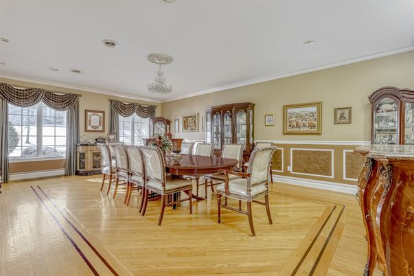 Dining room, Interior, Recessed Lighting, Wood Texture Flooring