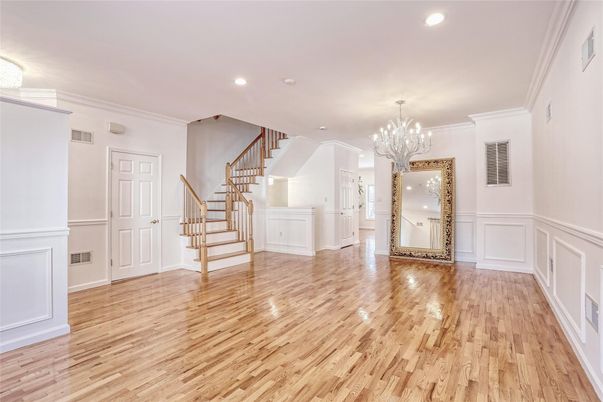 Chandelier, Empty room, Interior, Recessed Lighting, Wood Texture Flooring
