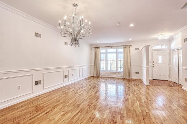 Chandelier, Empty room, Interior, Recessed Lighting, Wood Texture Flooring