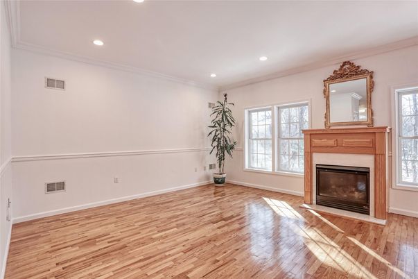 Empty room, Fireplace, Interior, Recessed Lighting, Wood Texture Flooring