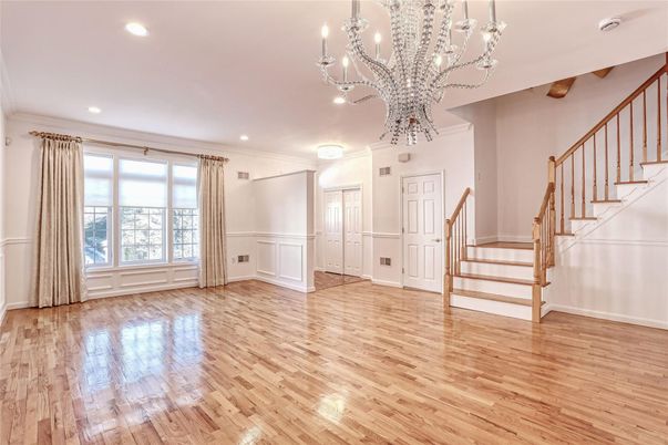 Chandelier, Empty room, Interior, Recessed Lighting, Wooden Beams, Wood Texture Flooring