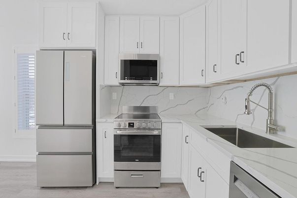 Interior, Kitchen, Marble Walls, Stainless Steel Appliances, Wood Texture Flooring