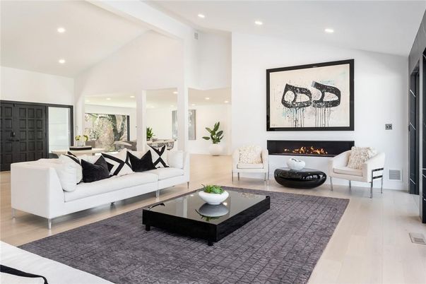 Fireplace, Interior, Living room, Recessed Lighting, Wood Texture Flooring
