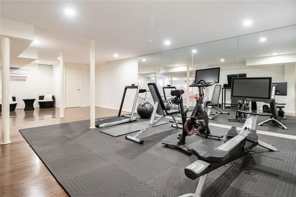 Fitness Equipment, Gym, Interior, Recessed Lighting, Wood Texture Flooring