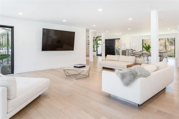 Dining room, Interior, Living room, Recessed Lighting, Wood Texture Flooring