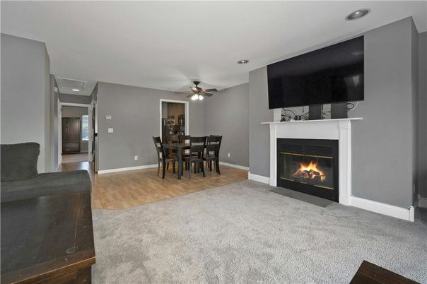 Dining room, Fireplace, Interior, Recessed Lighting, Wood Texture Flooring