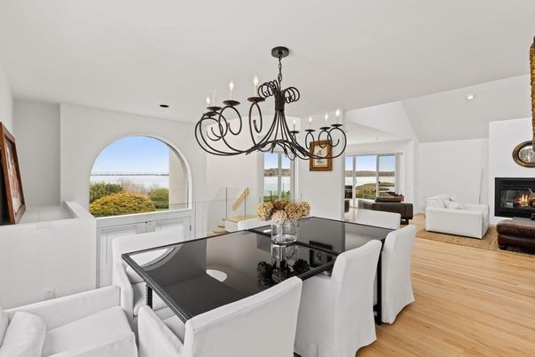 Chandelier, Dining room, Fireplace, Interior, Living room, Recessed Lighting, Wood Texture Flooring