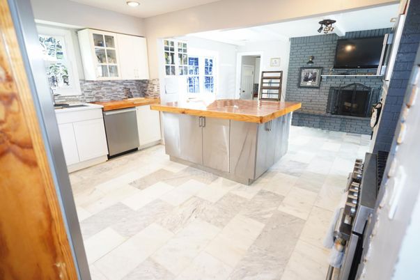 Fireplace, Interior, Kitchen, Recessed Lighting, Stone Walls