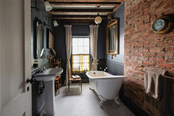 Bathroom, Dual Sink Vanities, Free Standing Baths, Interior, Pendant Lights, Stone Walls, Wooden Beams