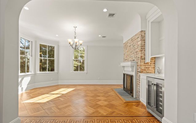Chandelier, Fireplace, Interior, Recessed Lighting, Wood Texture Flooring