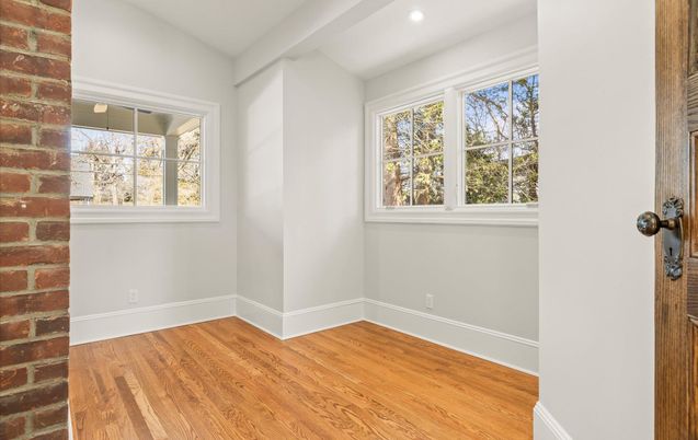 Empty room, Interior, Recessed Lighting, Stone Walls, Wood Texture Flooring