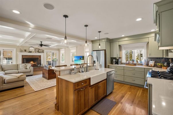 Fireplace, Interior, Kitchen, Living room, Pendant Lights, Recessed Lighting, Stainless Steel Appliances, Wood Texture Flooring