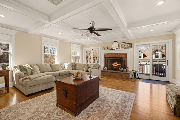 Fireplace, Interior, Living room, Recessed Lighting, Wood Texture Flooring
