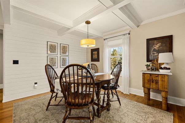 Dining room, Interior, Pendant Lights, Wood Texture Flooring
