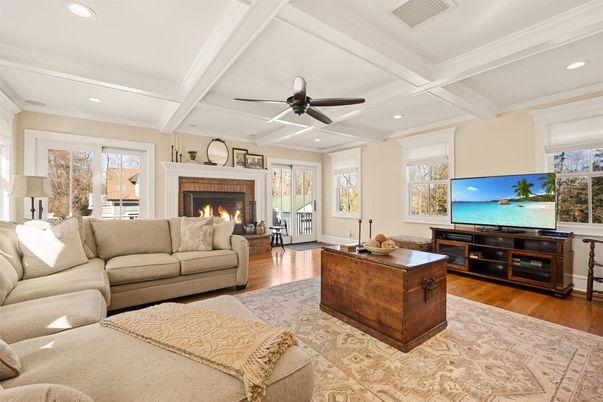 Fireplace, Interior, Living room, Recessed Lighting, Wood Texture Flooring