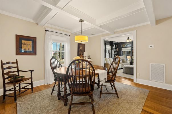 Dining room, Interior, Pendant Lights, Wood Texture Flooring