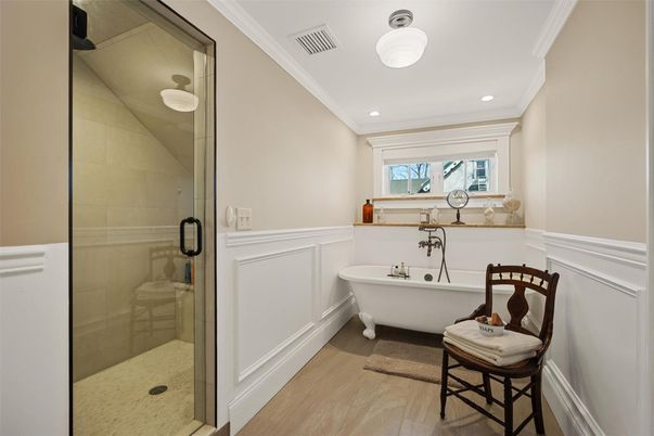Bathroom, Free Standing Baths, Glass Shower, Interior, Recessed Lighting, Wood Texture Flooring