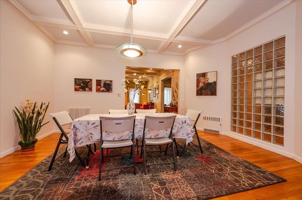 Dining room, Interior, Pendant Lights, Recessed Lighting, Wood Texture Flooring