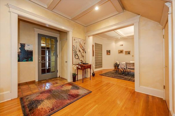 Dining room, Interior, Recessed Lighting, Wood Texture Flooring