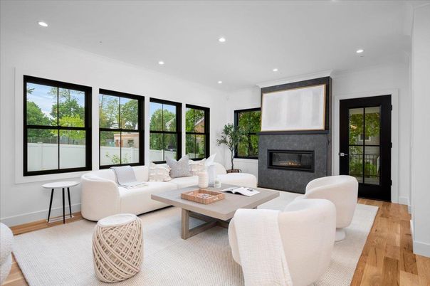 Fireplace, Interior, Living room, Recessed Lighting, Wood Texture Flooring