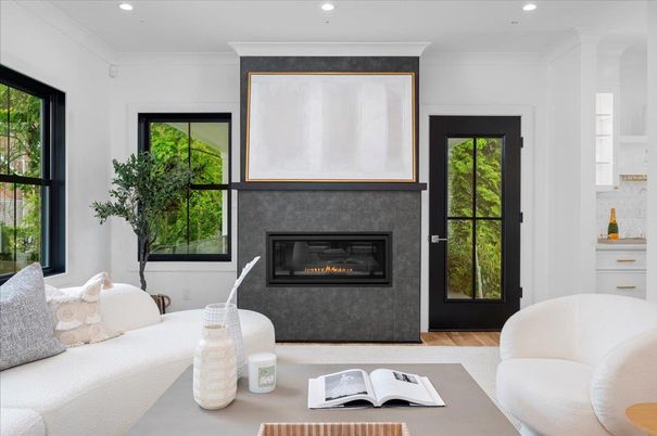 Fireplace, Interior, Living room, Recessed Lighting, Wood Texture Flooring