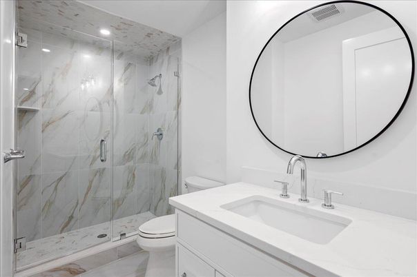 Bathroom, Glass Shower, Interior, Marble Walls, Recessed Lighting