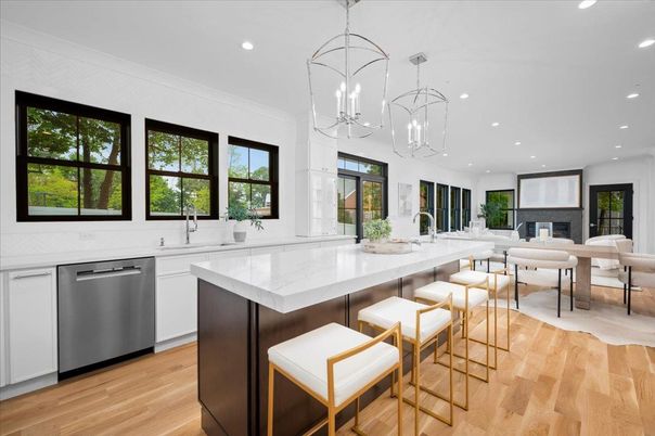 Fireplace, Interior, Kitchen, Living room, Pendant Lights, Recessed Lighting, Stainless Steel Appliances, Wood Texture Flooring