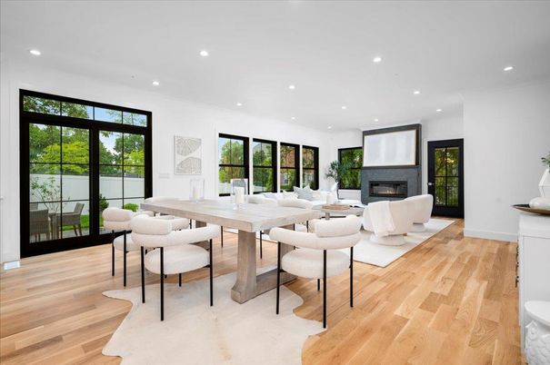 Dining room, Fireplace, Interior, Living room, Recessed Lighting, Wood Texture Flooring