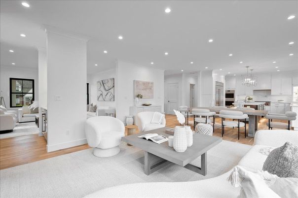 Chandelier, Dining room, Interior, Kitchen, Living room, Pendant Lights, Recessed Lighting, Wood Texture Flooring