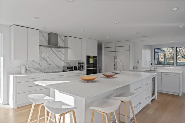 Interior, Kitchen, Marble Walls, Recessed Lighting, Wood Texture Flooring