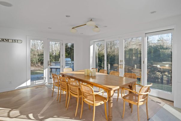 Dining room, Interior, Recessed Lighting, Wood Texture Flooring