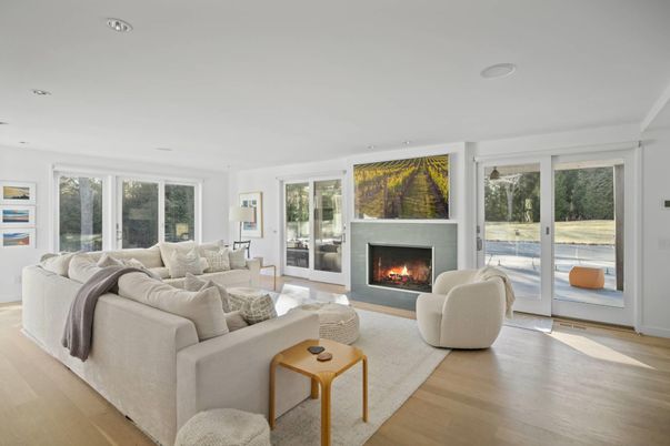 Fireplace, Interior, Living room, Recessed Lighting, Wood Texture Flooring