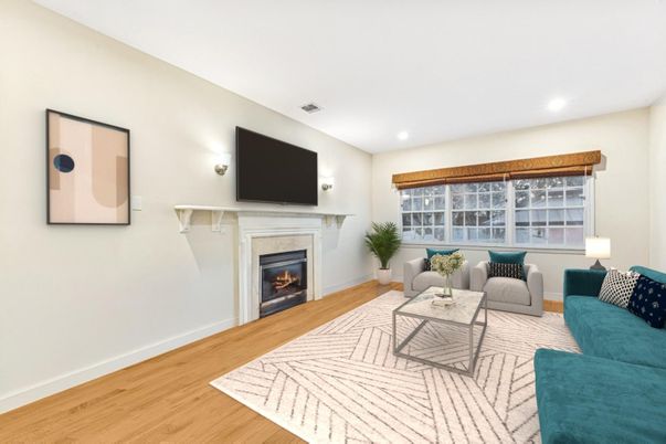 Fireplace, Interior, Living room, Recessed Lighting, Wood Texture Flooring