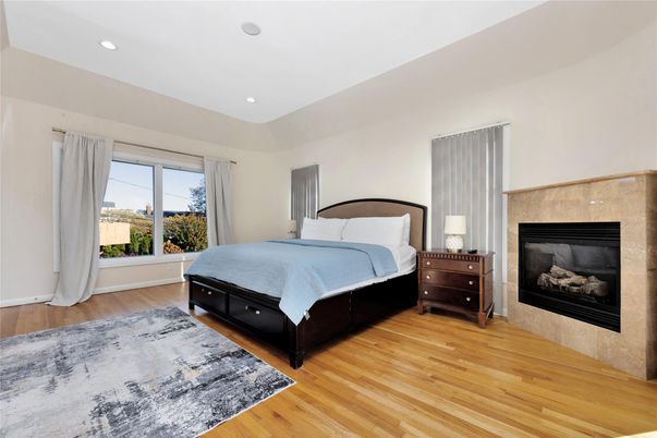 Bedroom, Fireplace, Interior, Recessed Lighting, Wood Texture Flooring