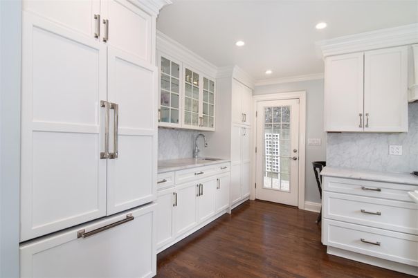 Interior, Kitchen, Marble Walls, Recessed Lighting, Wood Texture Flooring