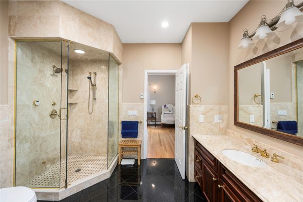 Bathroom, Glass Shower, Interior, Recessed Lighting, Wood Texture Flooring
